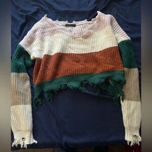 SHEIN Striped Distressed Crop Sweater in Cream, Rust & Forest Green
